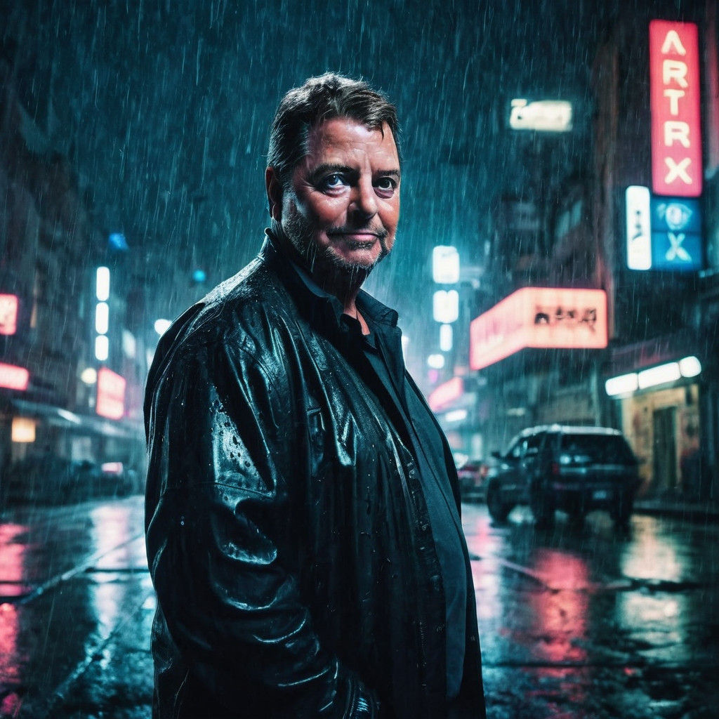 Cyberpunk Hero Emerges on Rainy Night in a Futuristic Citysc...