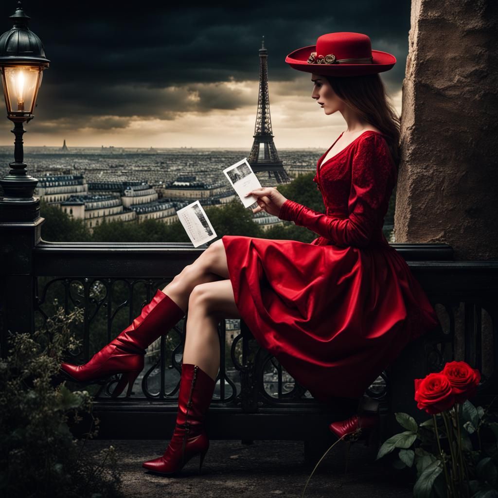 Woman with Paris Postcard at Night: Steampunk Style
