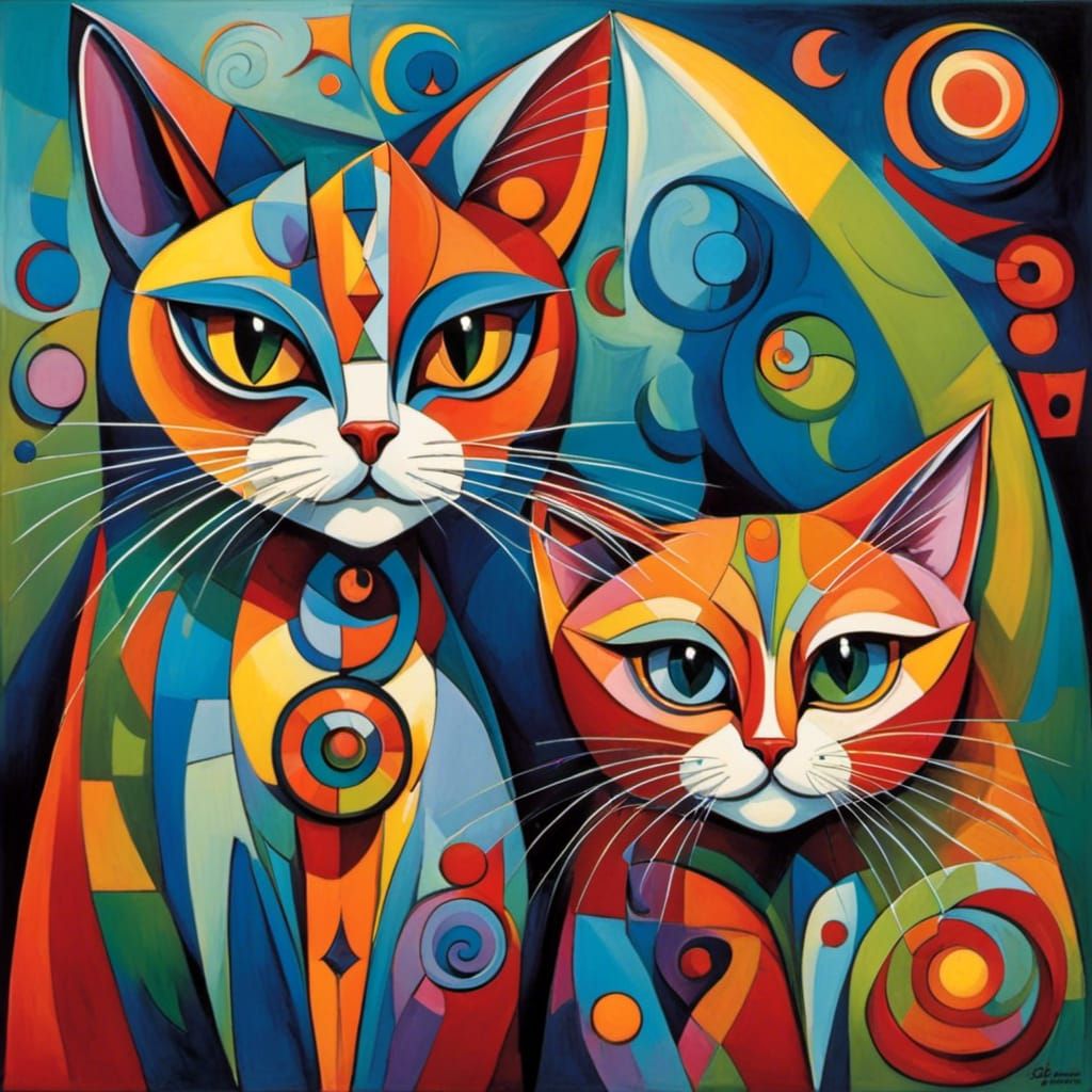 Whimsical Cubist Cats in Geometric Style