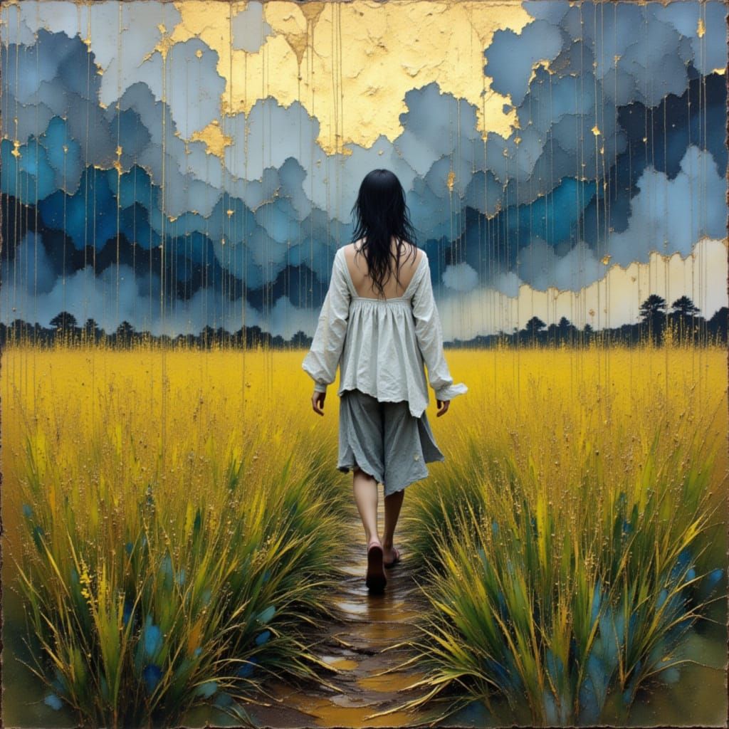 Figure in Monsoon Rice Field, Impasto Oil Painting