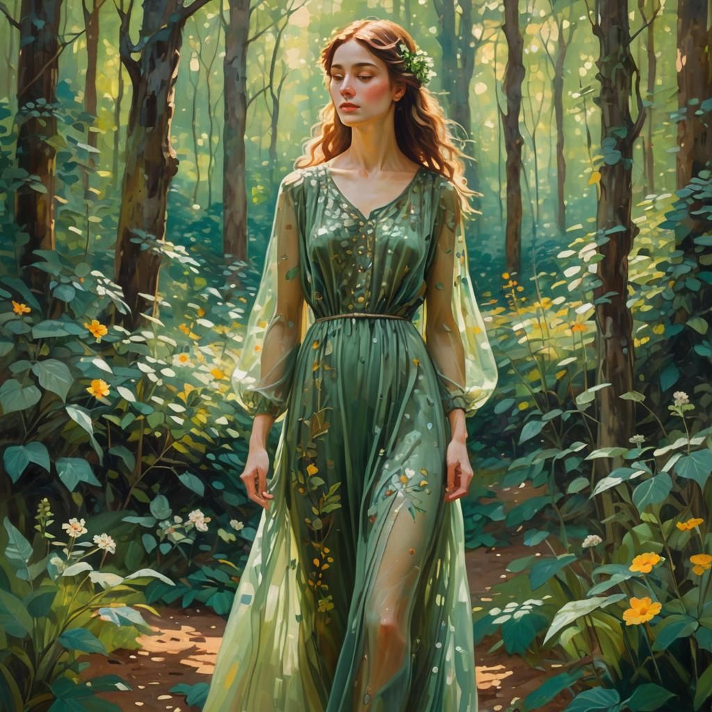 Ethereal Forest Goddess in Impressionist Style