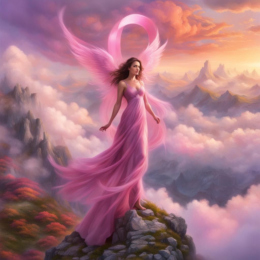 Woman with Pink Wings on Mountain in 3D