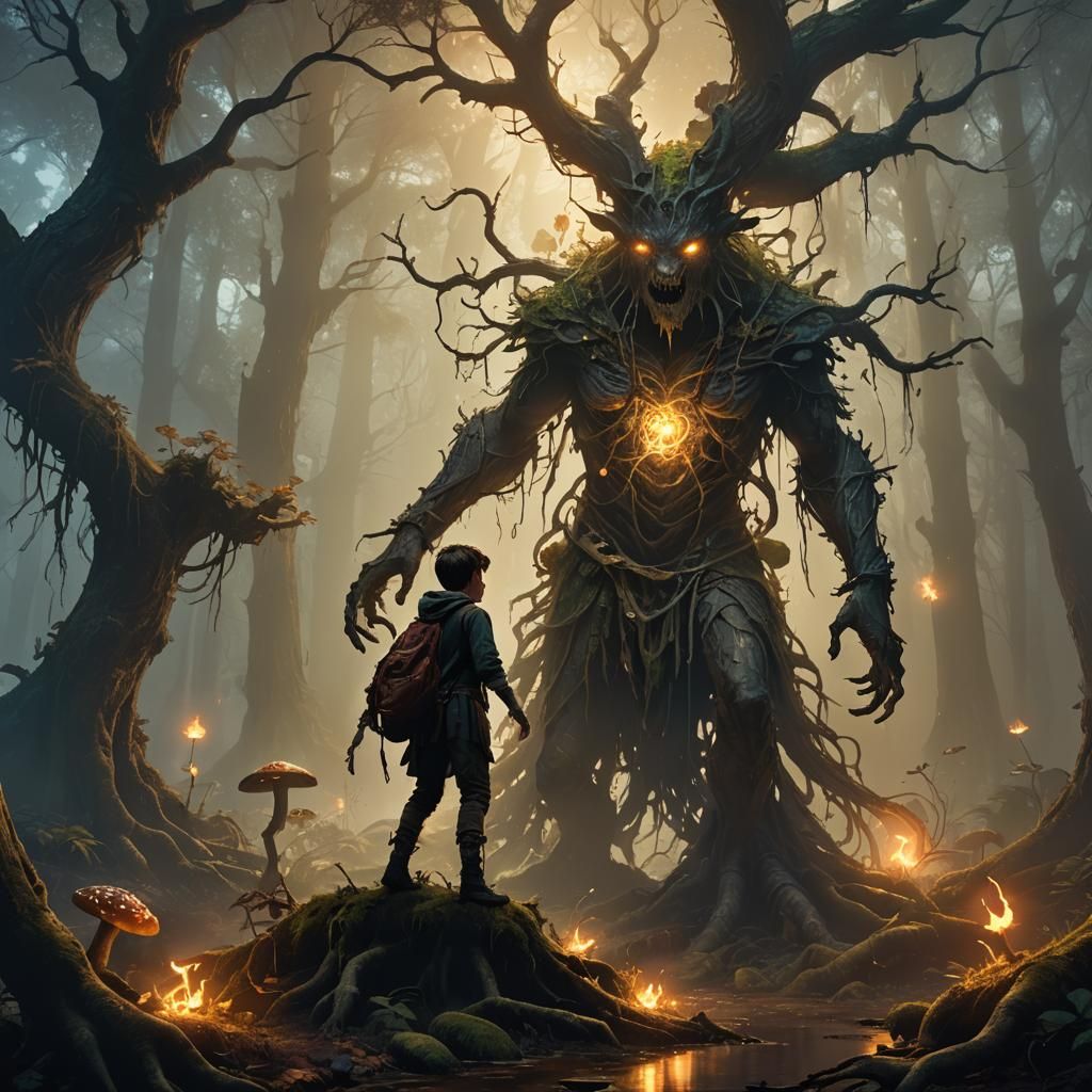 Boy Faces Otherworldly Creature in Mystical Forest