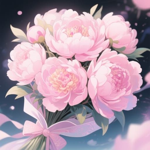 Pastel Pink Peony Bouquet in Anime Style