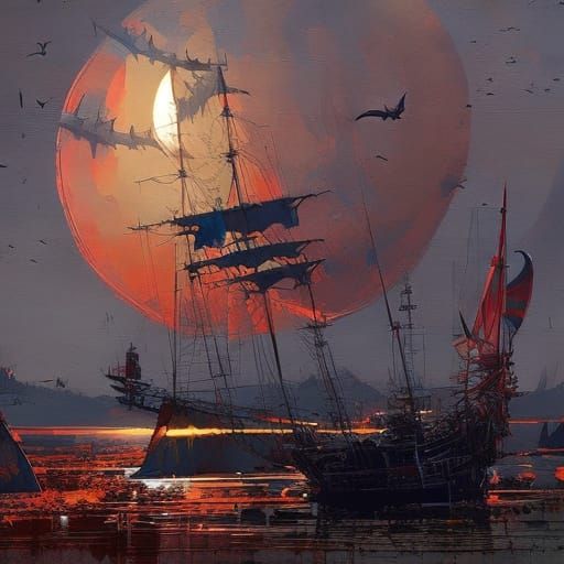 Sailing Ship Under a Giant Moon: Digital Matte Painting
