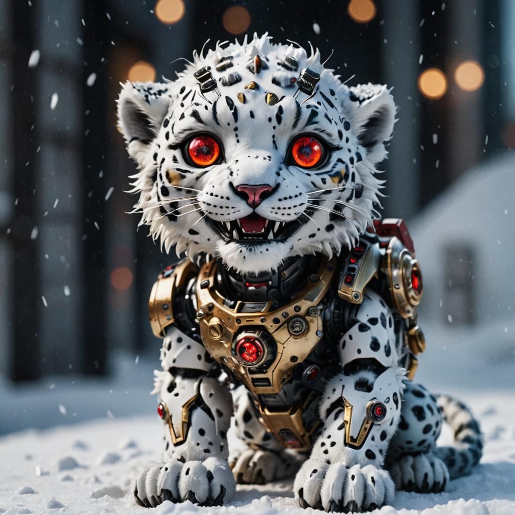 Cyberpunk Snow Leopard Cub in Photorealistic Style