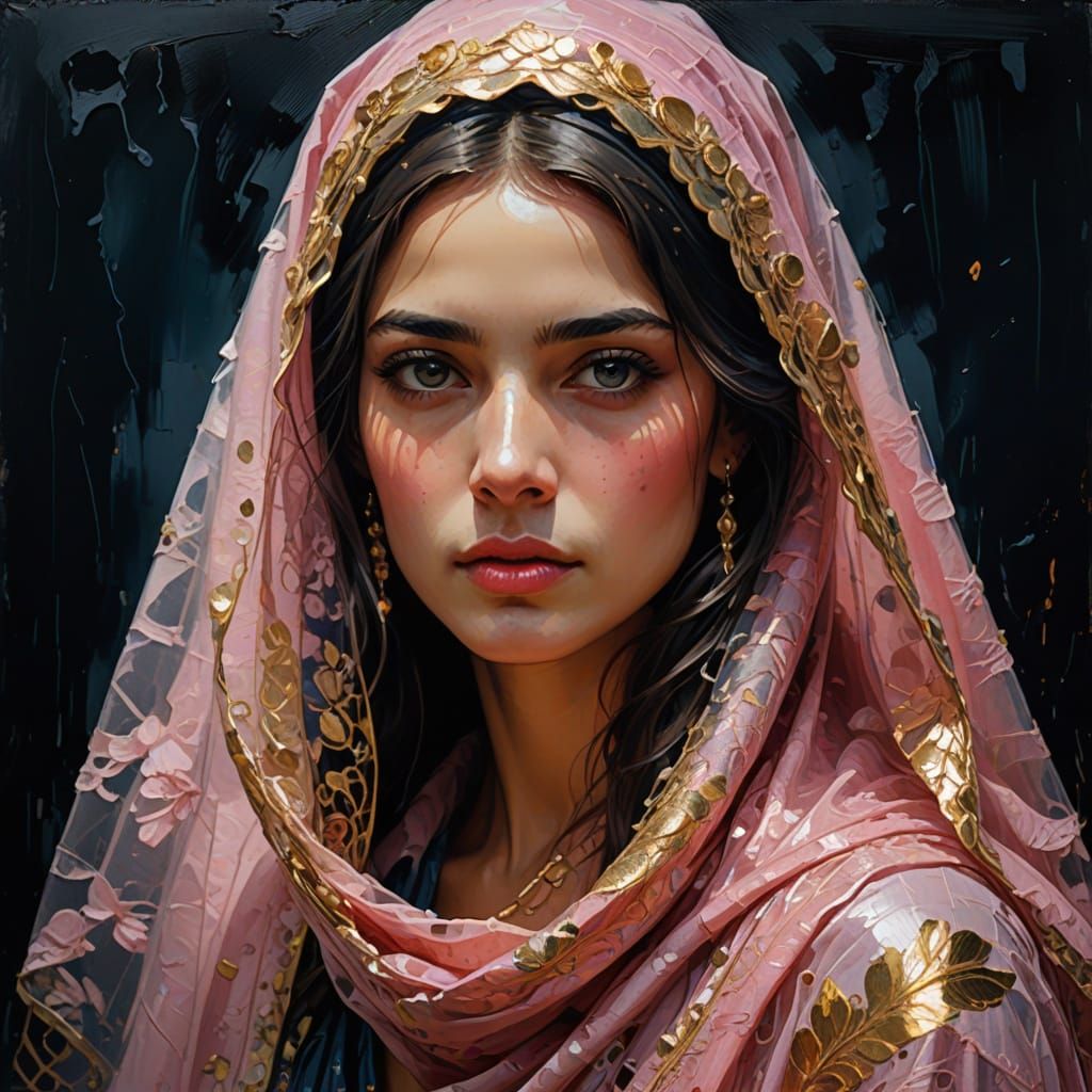 Veiled Woman: Impasto Oil Portrait in Vivid Colors