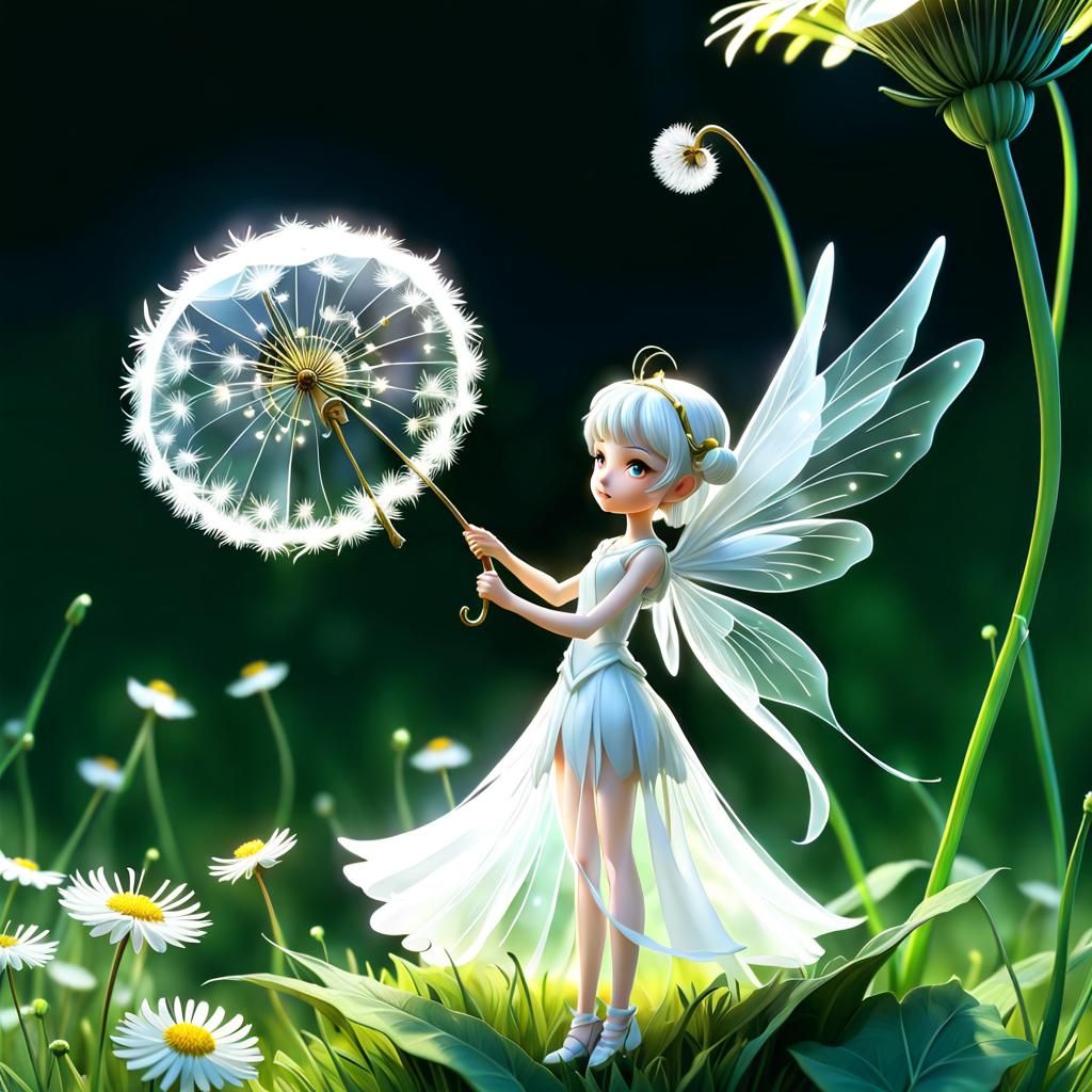 White Fairy with Dandelion Umbrella in Pixar Style