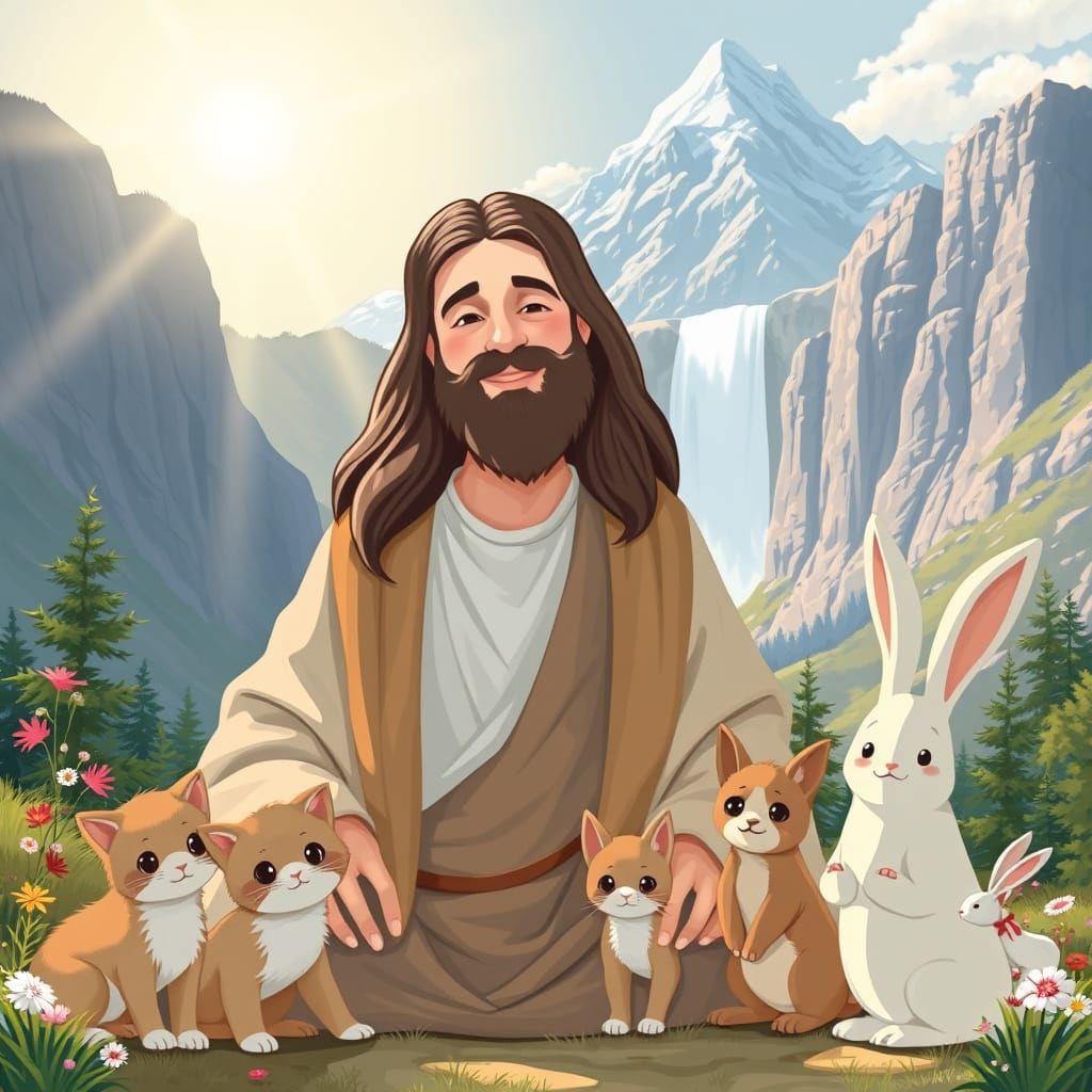 Jesus Surrounded by Lovable Pets in a Sunny Paradise