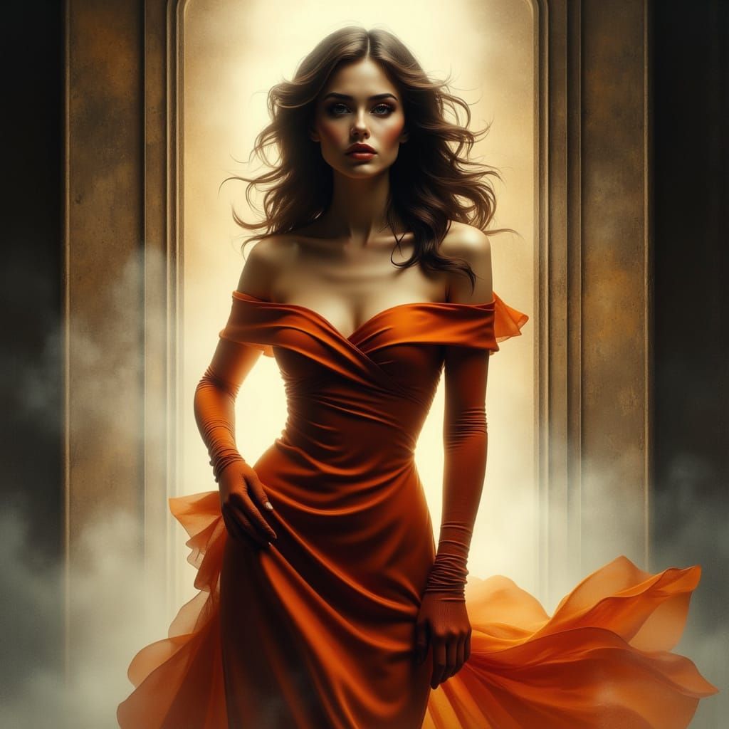 Elegant Lady in Dark Cinnamon Dress