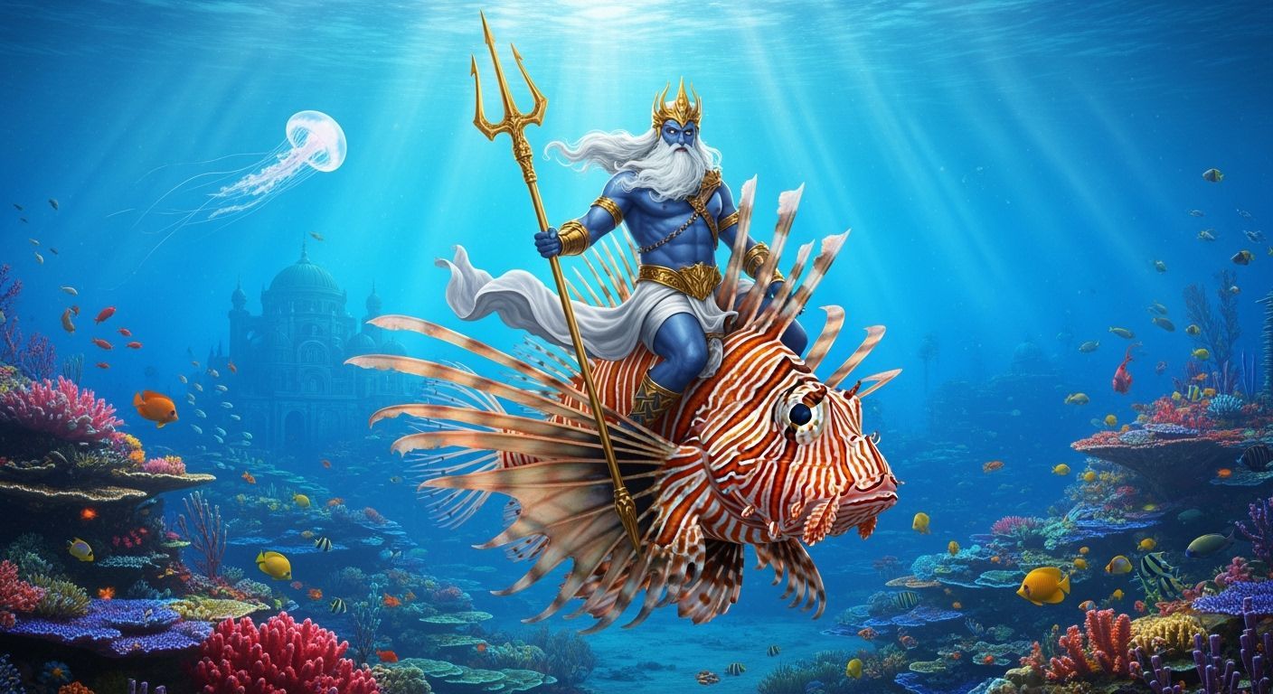 Poseidon on Lionfish in a Coral Reef