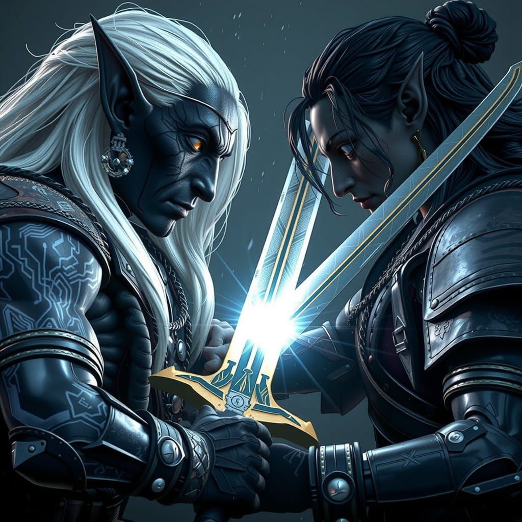 Dark Elves Engage in Intense Sword Fight