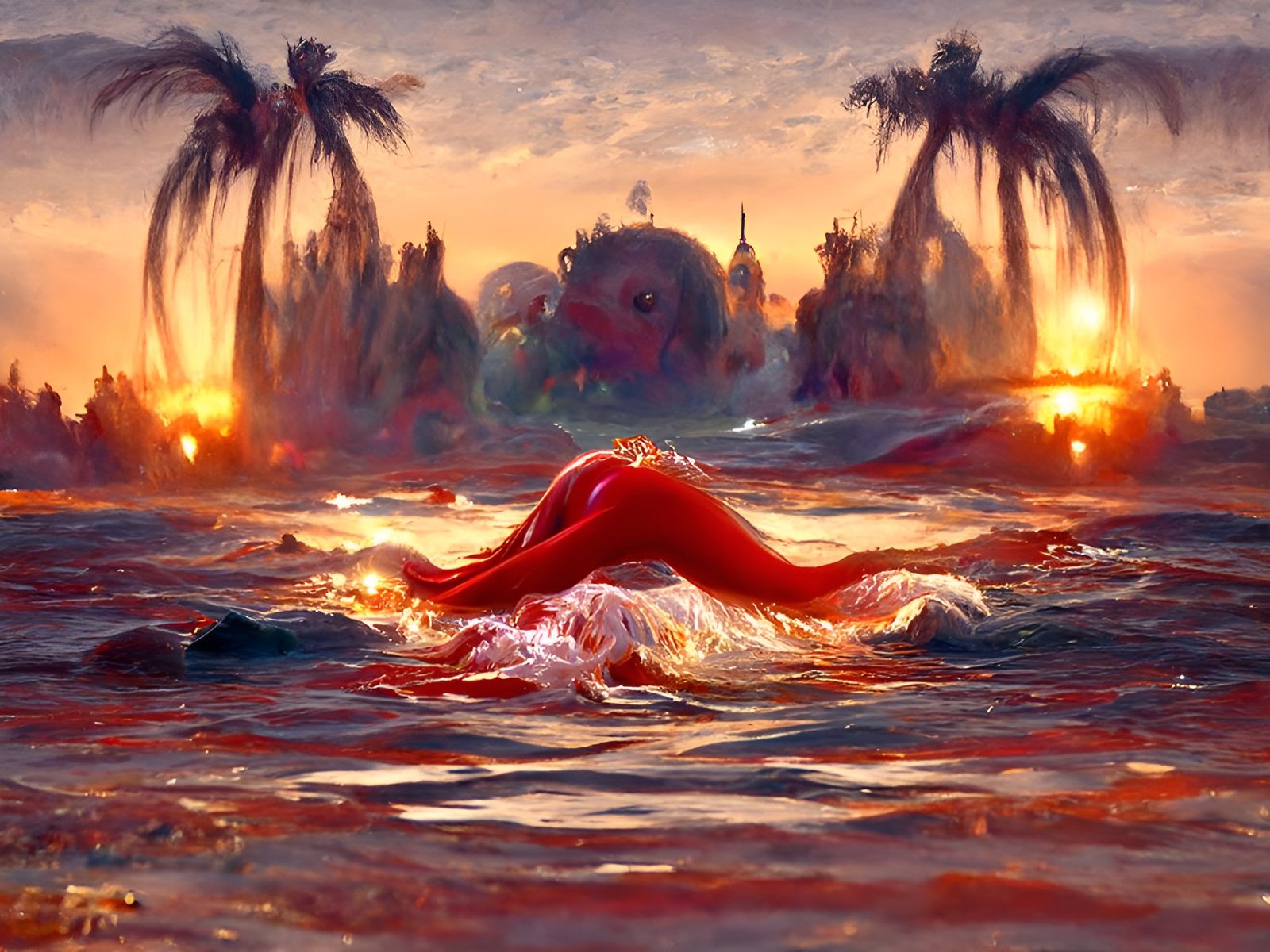 Red Lagoon Sunset with Mermaids: A Dreamlike Seascape