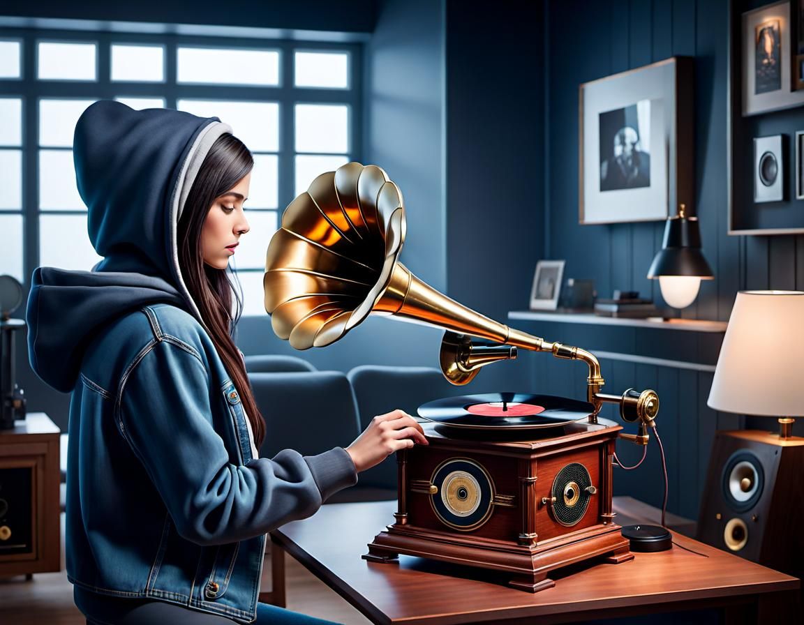 Girl Plays Gramophone in Modern Room, Hyperdetailed