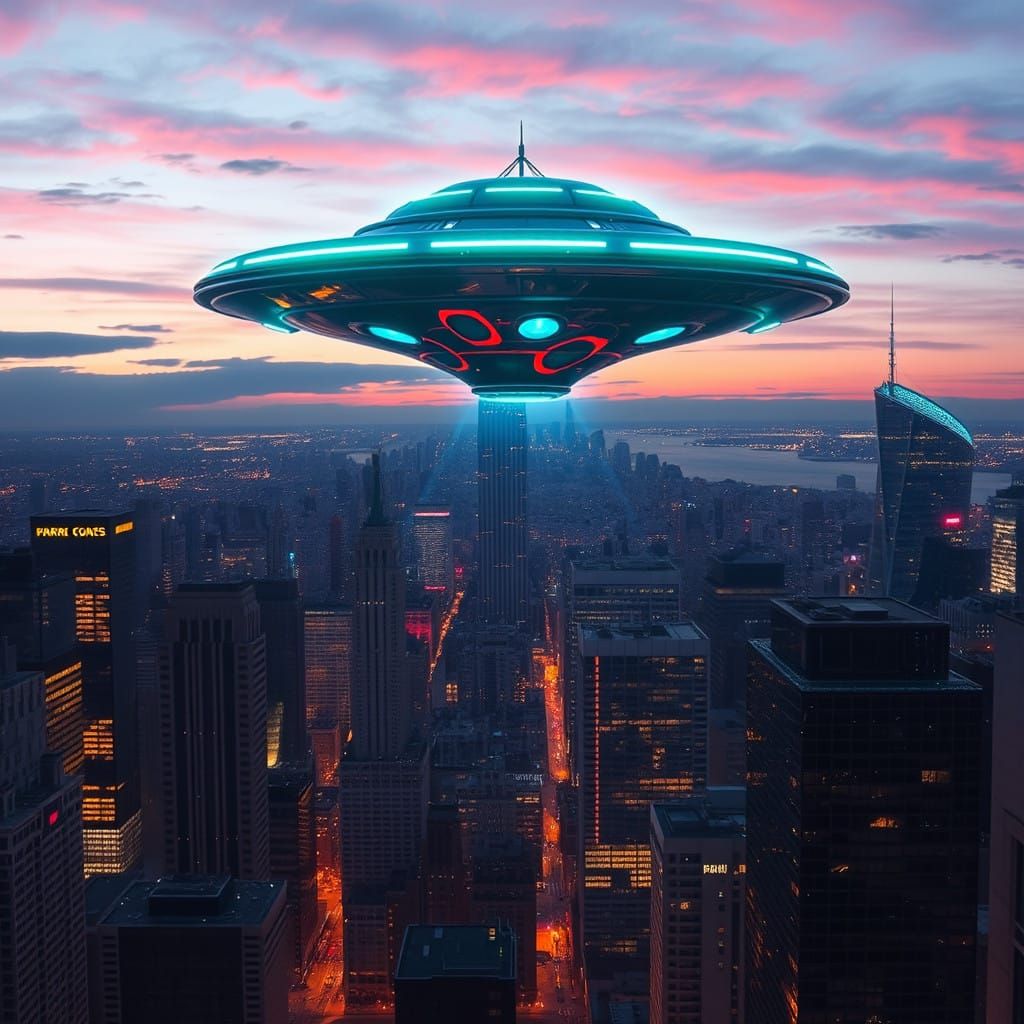 Surreal Cyberpunk UFO Descends Upon New York City Skyscraper...
