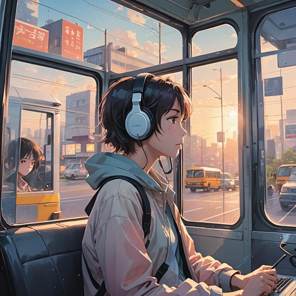 Anime Teenager on School Bus in Soft Sunlight