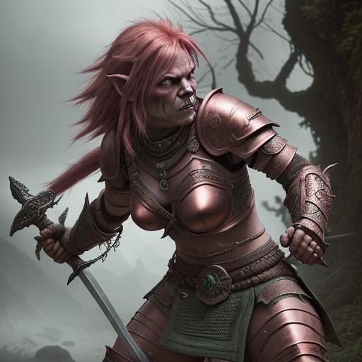 Green Orc Warrior with Sword in Copper Armor