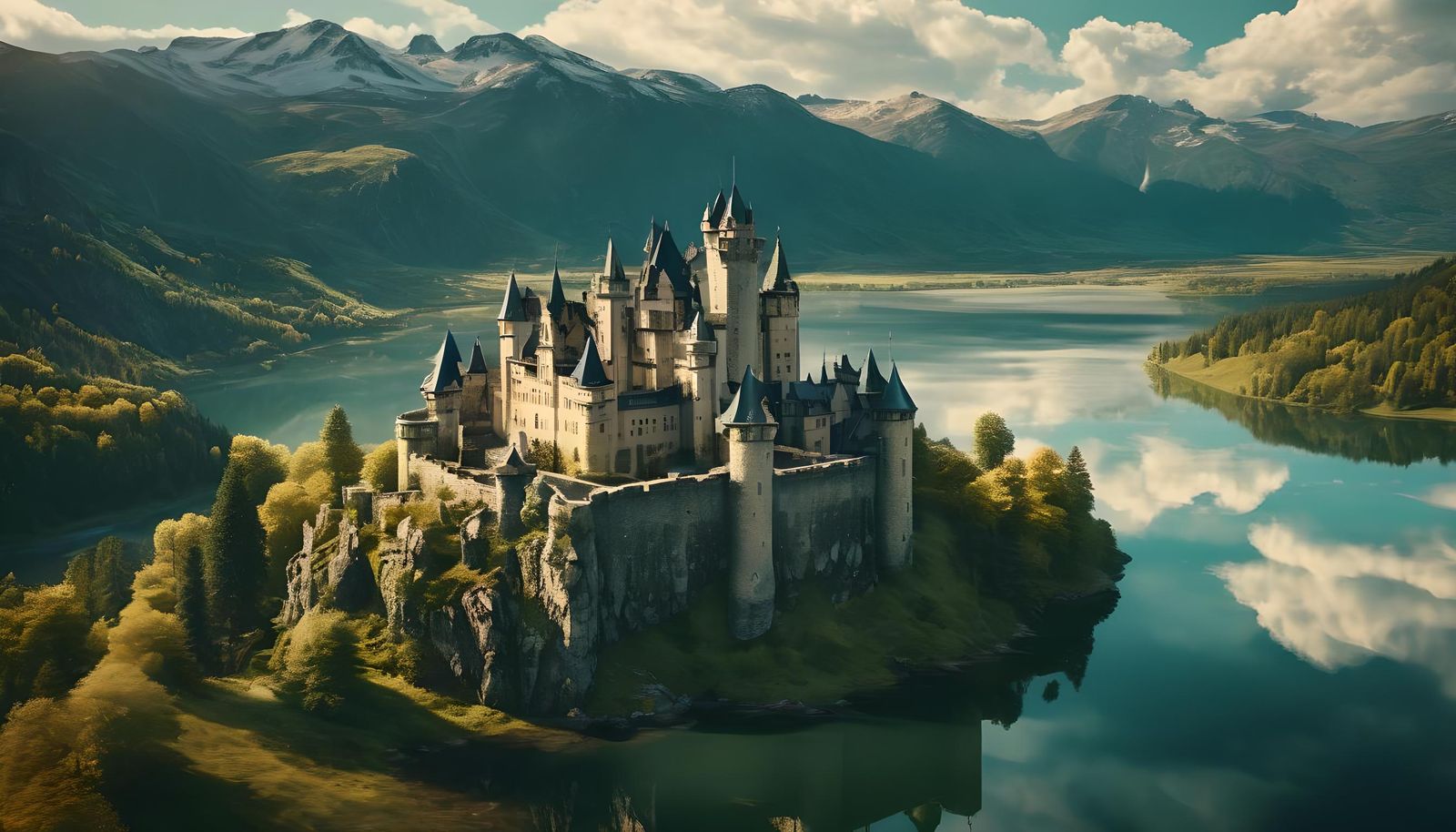 Dramatic Aerial View of Mountain Castle