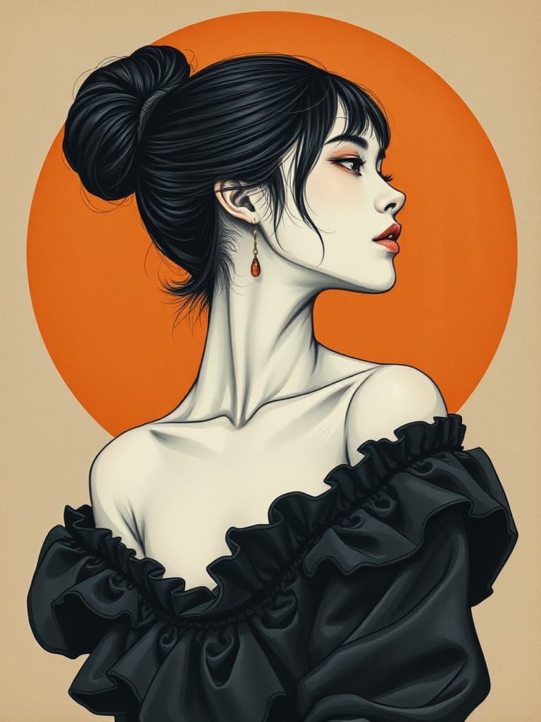 Serene Japanese Beauty in Charcoal Drawing Style