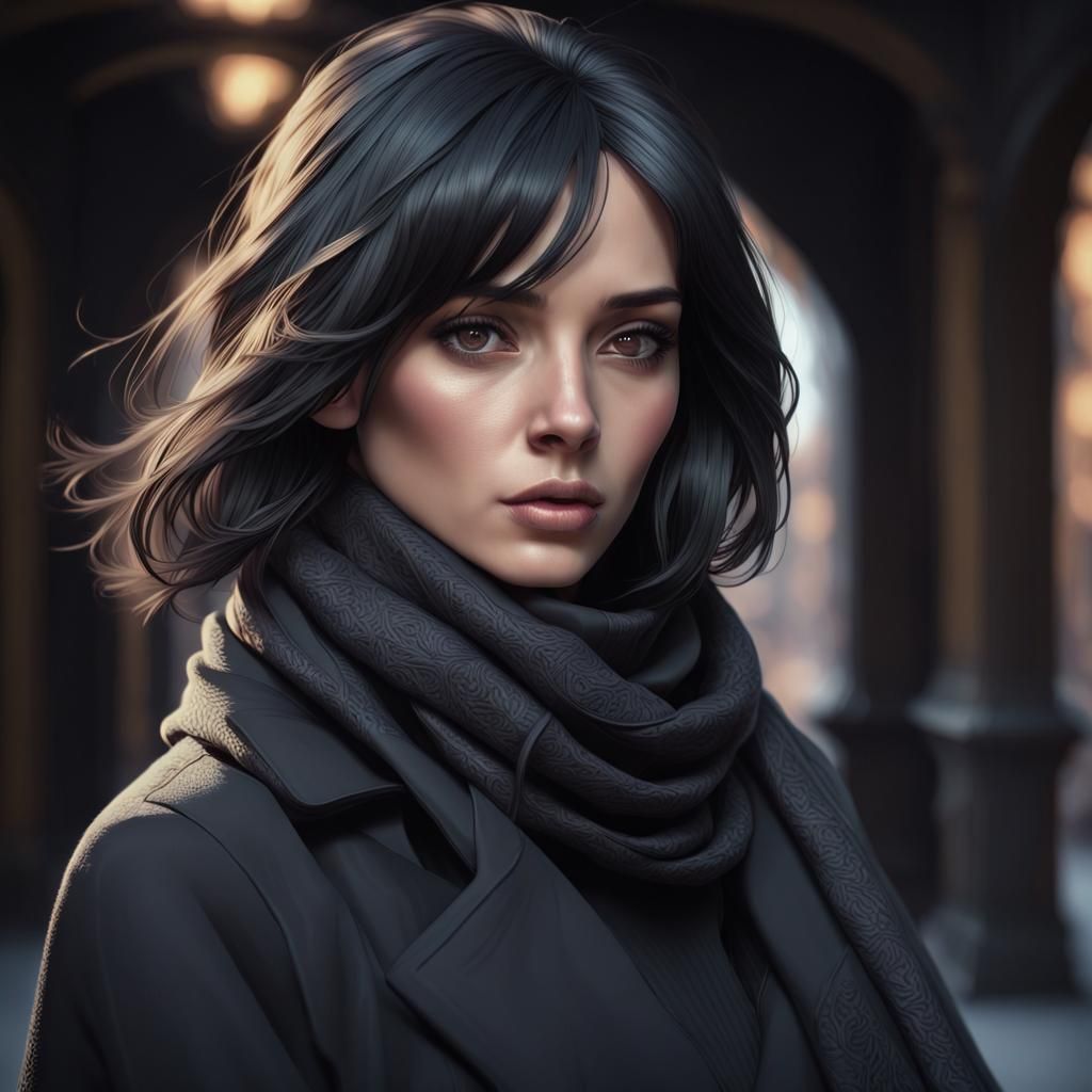 Shadowy Woman in Dark Coat: Hyperdetailed Portrait