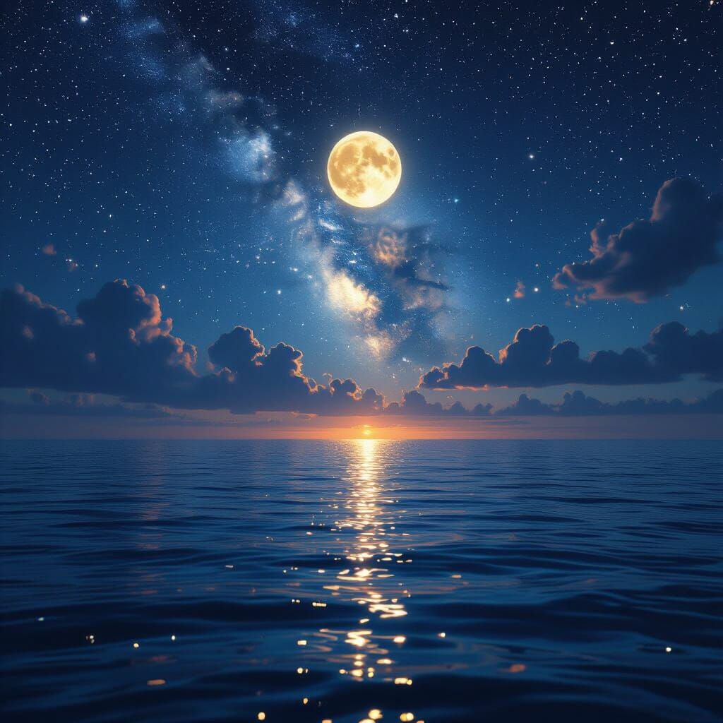 Photorealistic Moonlit Ocean Under Starry Night Sky