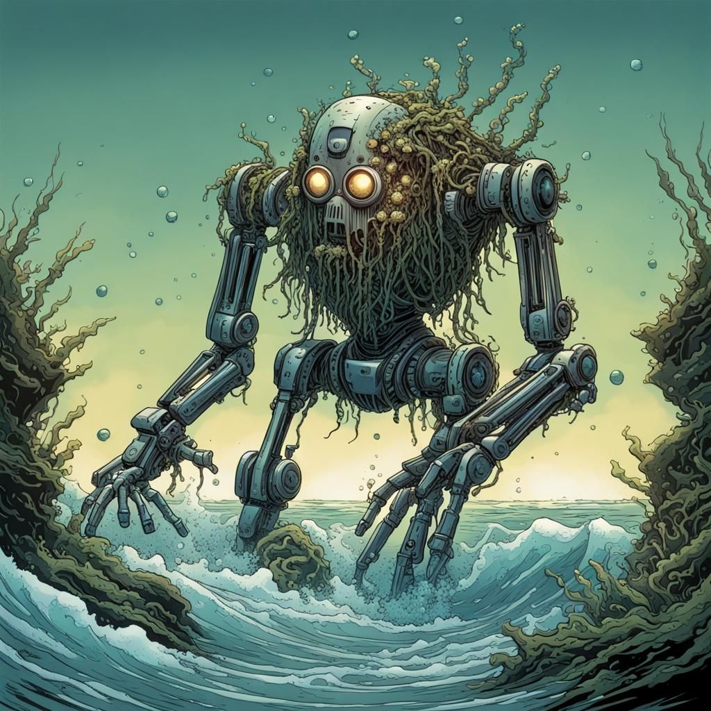 Robotic Endoskeleton Emerges from Sea, Comic Book Art