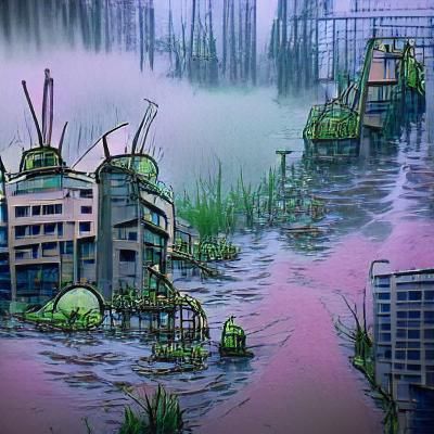 Dystopian Anime City Rising from Swamp