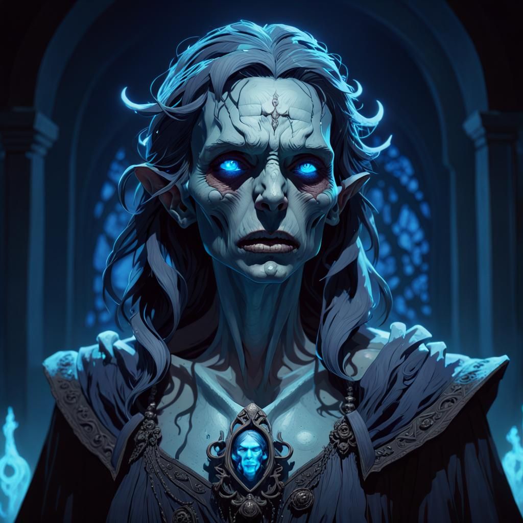 Grotesque Necromancer Portrait in Eerie Blue Light