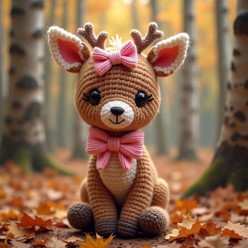 Crochet Fawn with Pink Bow in Autumn Forest