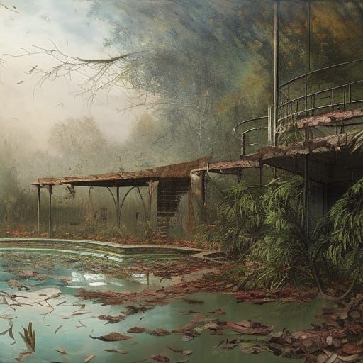 Abandoned Pool Reclaimed by Nature: Oil Painting
