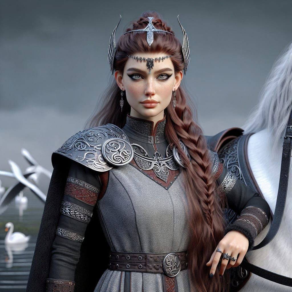 Viking Woman with Winged Horse in Romantic Style