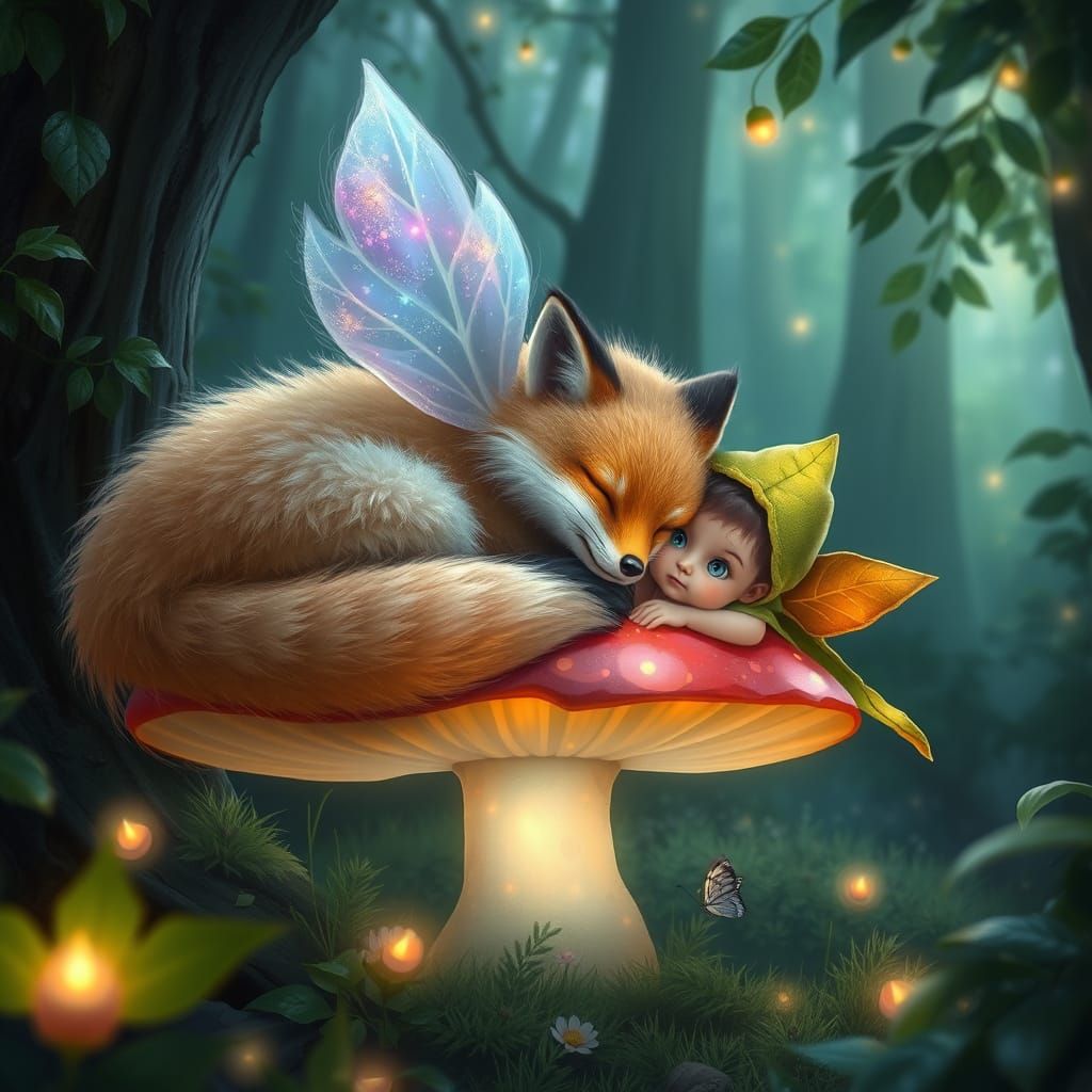 Winged Fox Napping in Enchanted Forest
