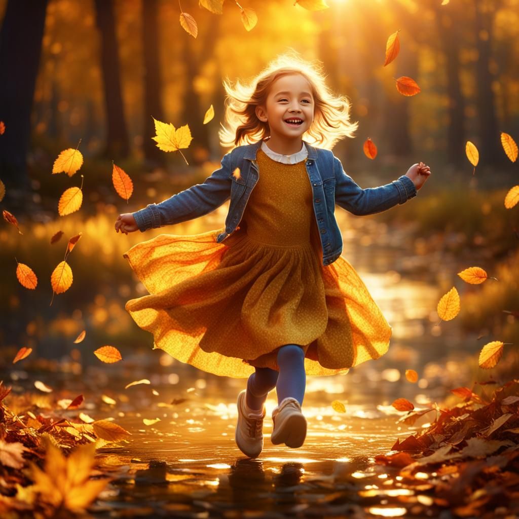 Happy Girl Dancing in Autumn Sunlight