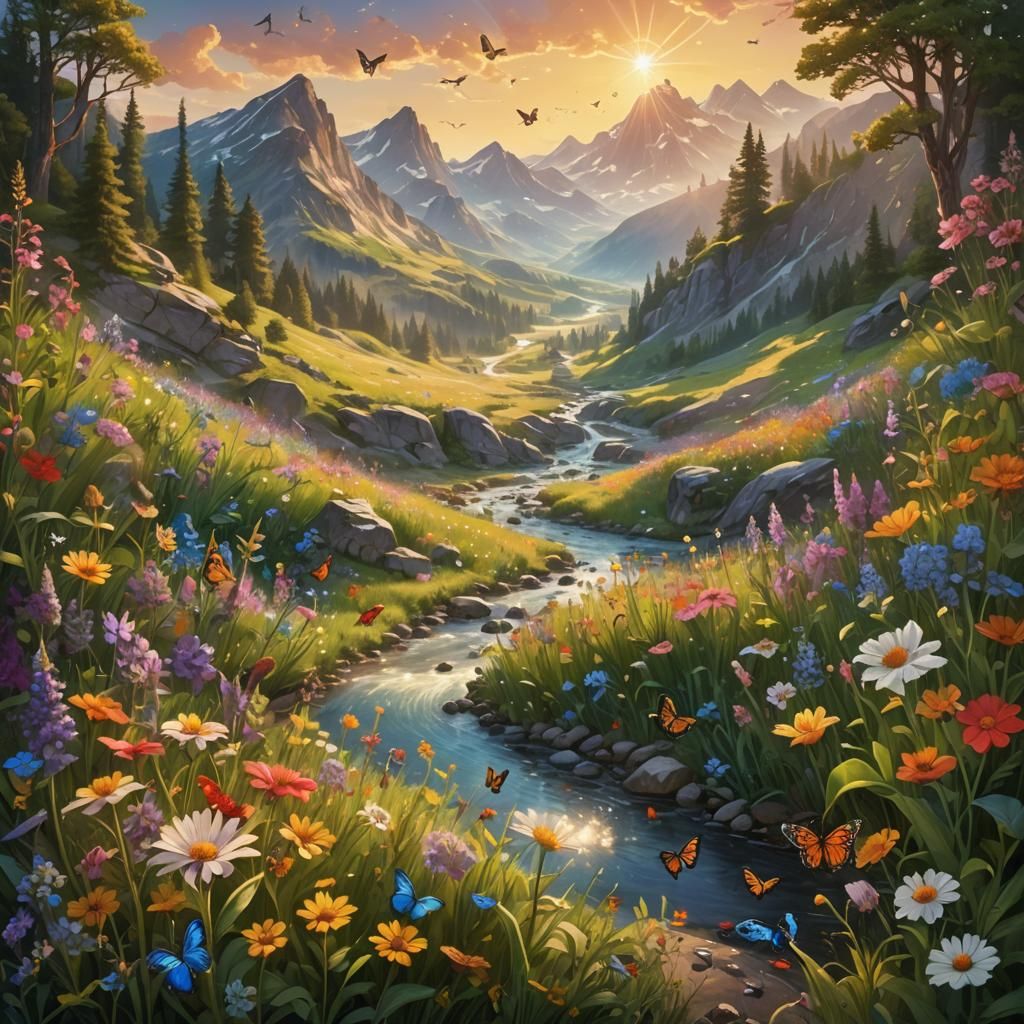 Lush Mountain Meadow with Birds in Fantasy Style