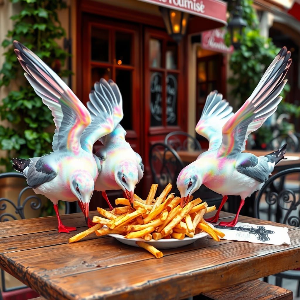 Rainbow Seagulls Enjoy Whimsical French Fries at a Paris Bis...