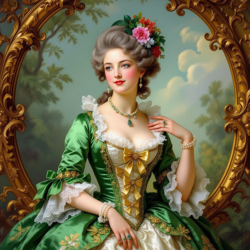 Rococo Beauty in Green Gown with Pearls