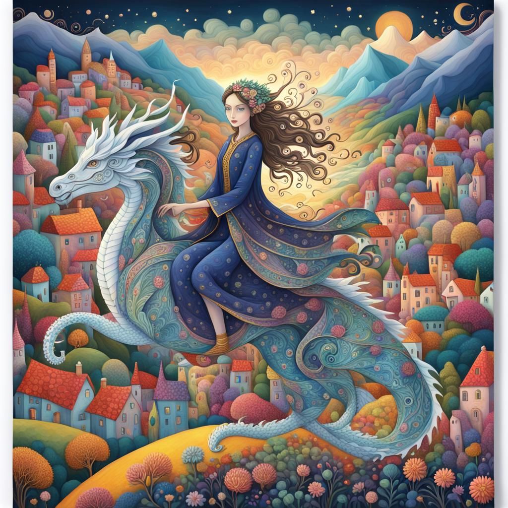Fairy on Dragon in Whimsical Folk Art Style