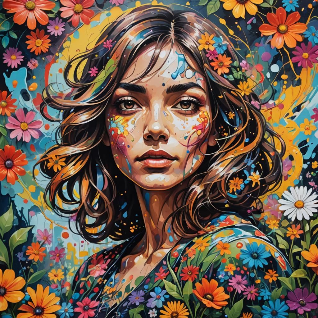 Woman in Floral Graffiti Art Style