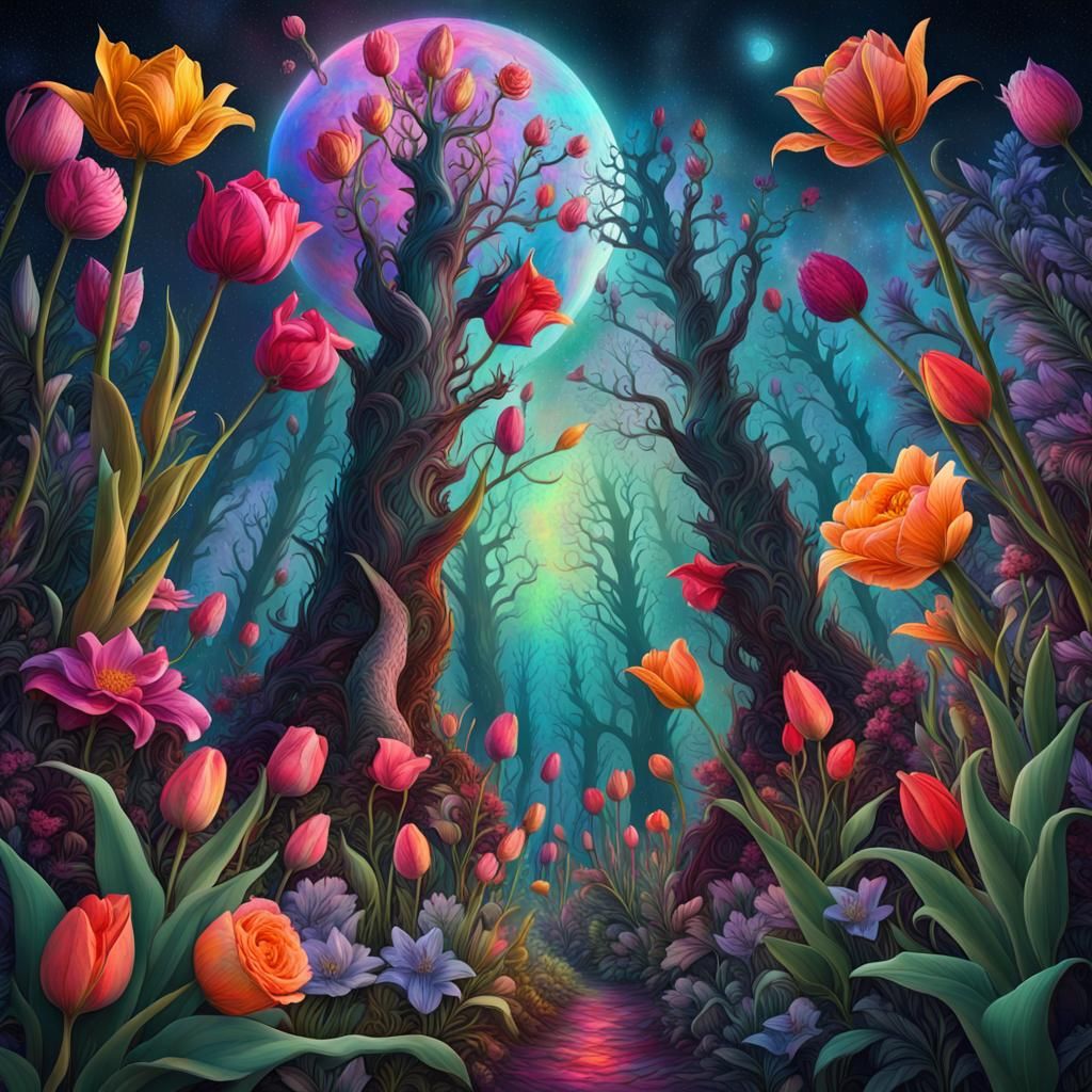 Luminescent Flower Forest Under Sinister Moon