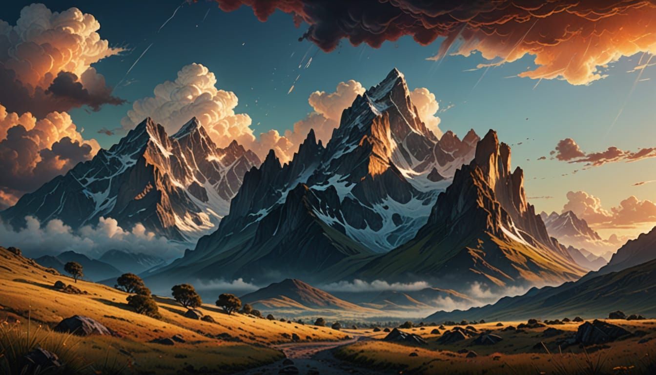 Surreal Landscape with Dripping Clouds and Floating Mountain...