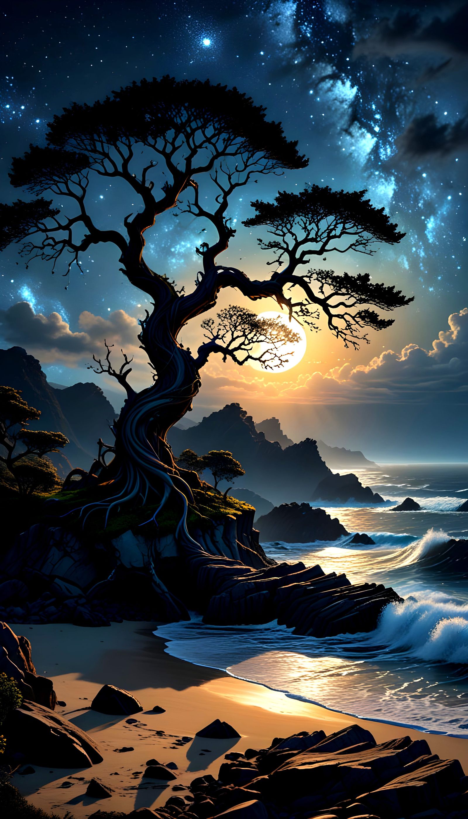 Entwined Trees Under Starry Sky: Atmospheric Landscape
