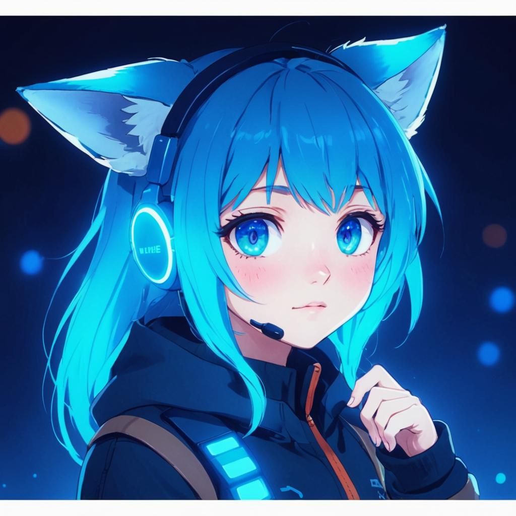 Anime Girl with Cyan Hair and Fox Ears