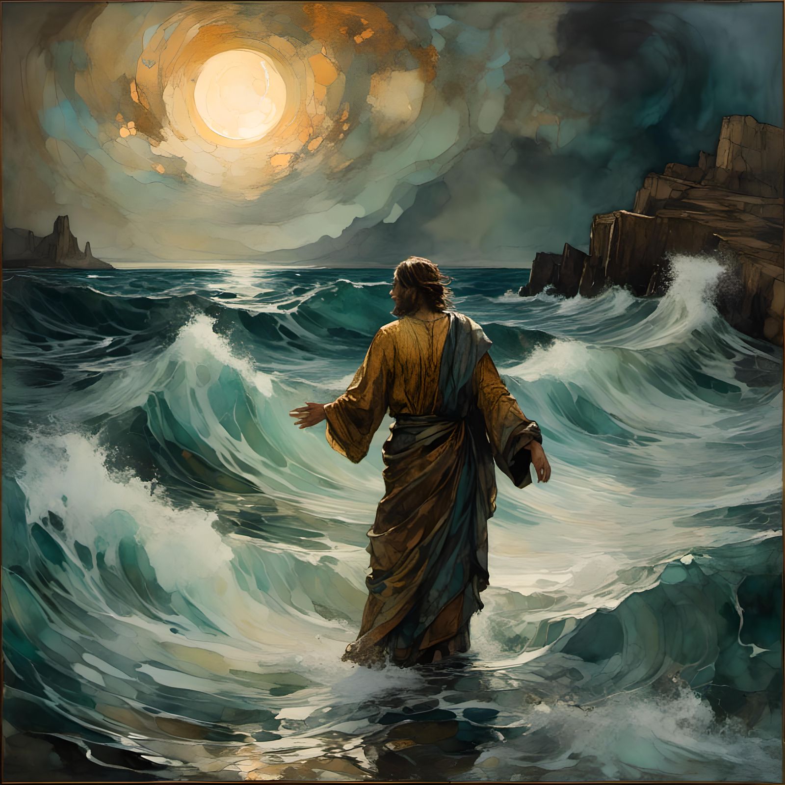 Jesus waling on the water at the Sea of Galilee