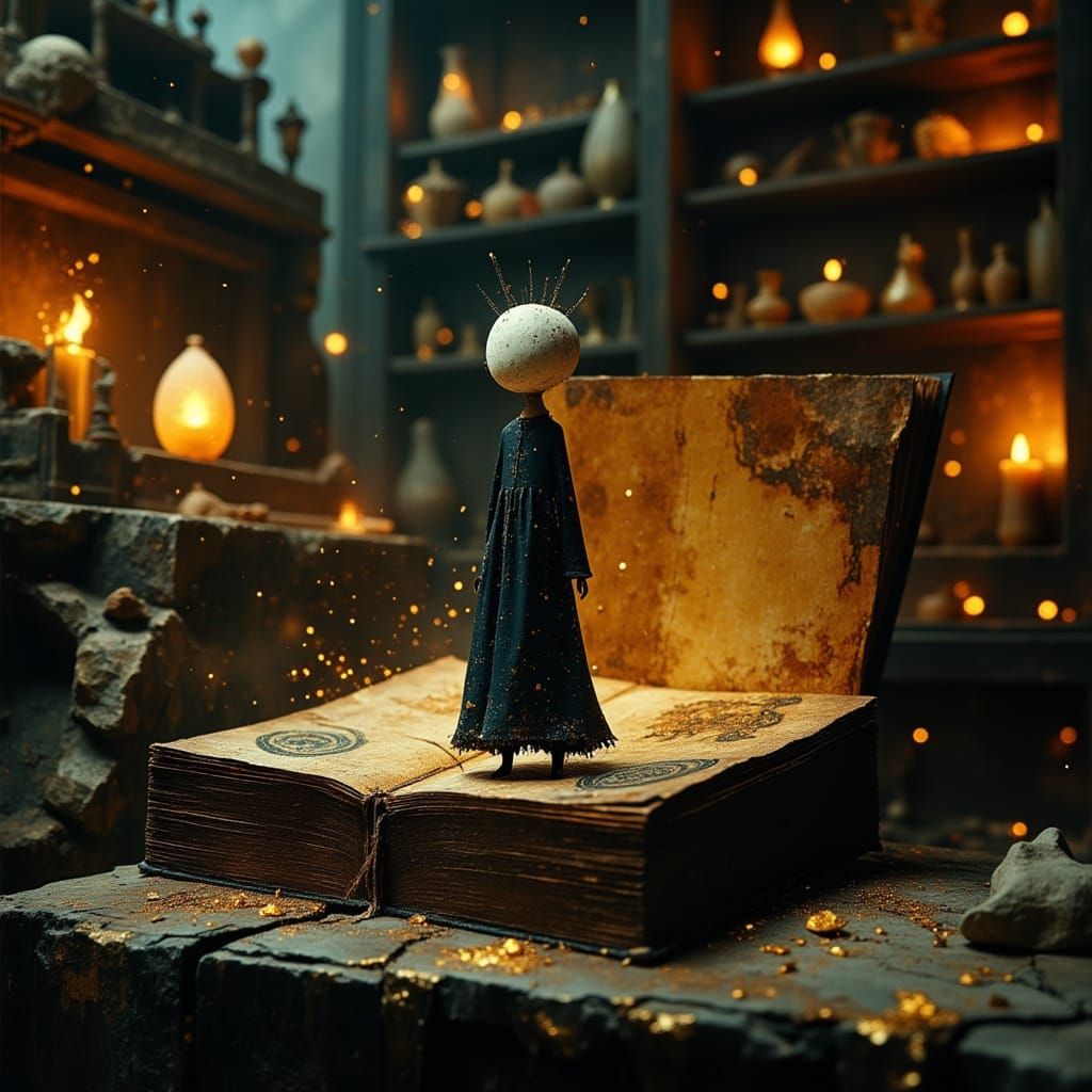 Surreal Stick Figure Emerges from Ancient Tome in a Moody, G...