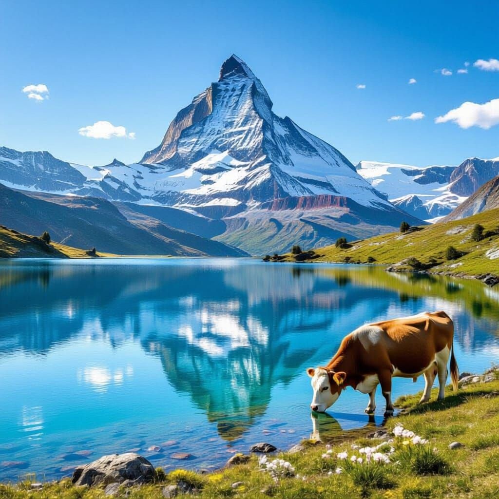 Matterhorn Reflected in Icy Lake with Spring Alpine Flowers