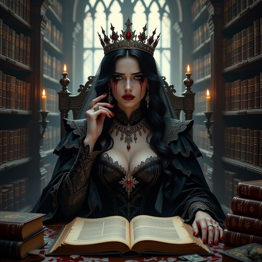 Sorrowful Queen in Library of Ancient Tomes