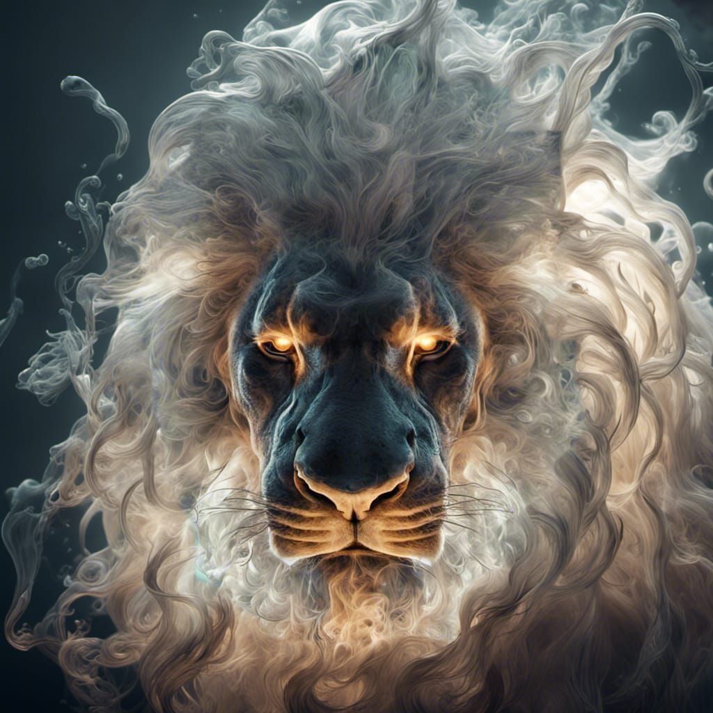 Glassblown Lion Emerges From Storm with Cosmic Energy
