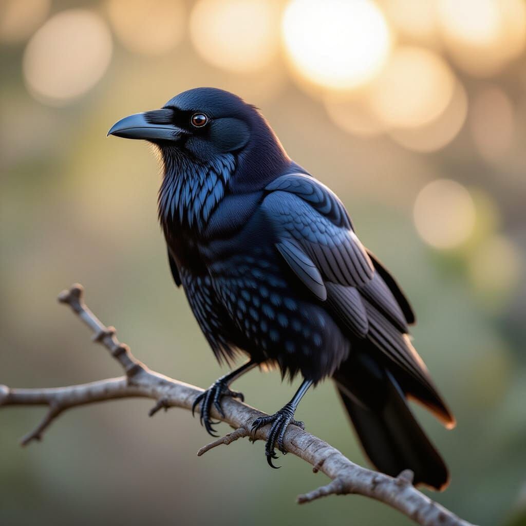 Ultra-Realistic Raven on Branch, Sharp Focus