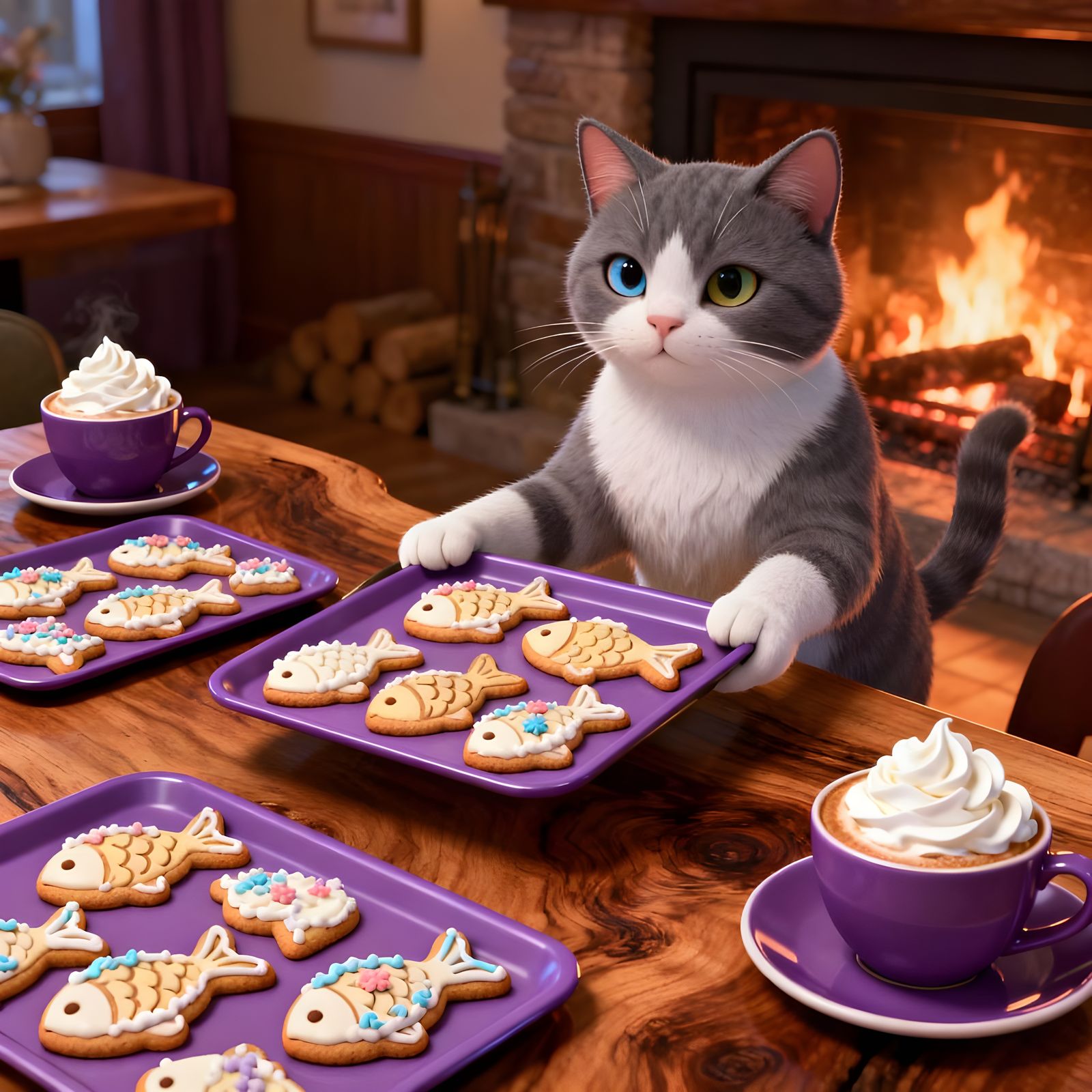 Cute Cat Serving Cookies and Lattes in 3D Illustration