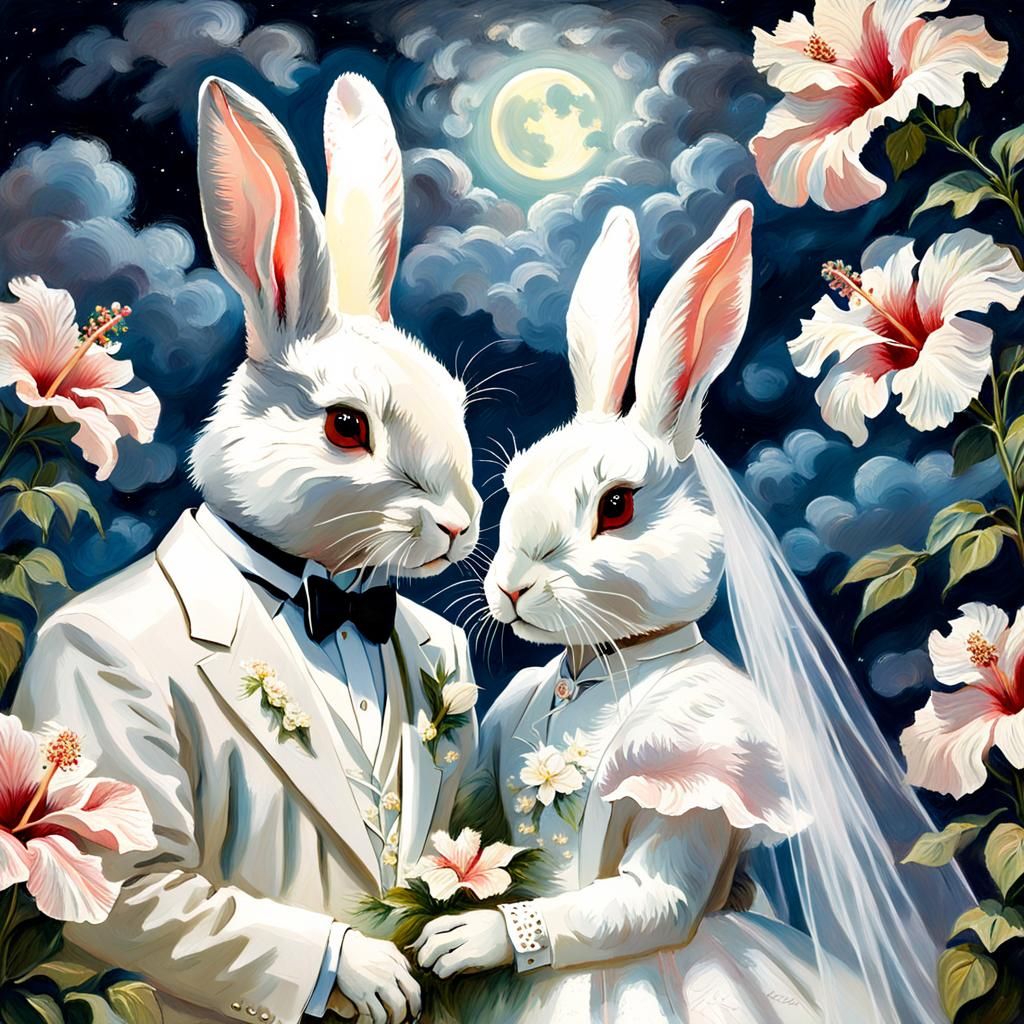 Rabbit Couple in Wedding Attire as Impressionist Painting